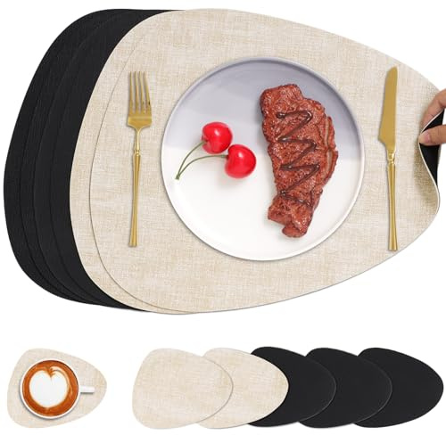 Chitomars Placemats and Coasters Set of 6 Dual Sided Faux Leather Table Mat | Heat Resistant Washable Place Mats Non Slip Waterproof Leather Placemat for Dining Table Indoor Outdoor(Cream-White Black)