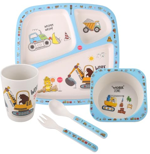 Kindergeschirr Set, 5er Geschirr Set für Kleinkinder, Baby Fütterung Set umfasst Kinderteller, Schüssel, Becher, Löffel, Gabel, Melamin Geschirr Spülmaschinenfest, BPA frei (Baufahrzeug)