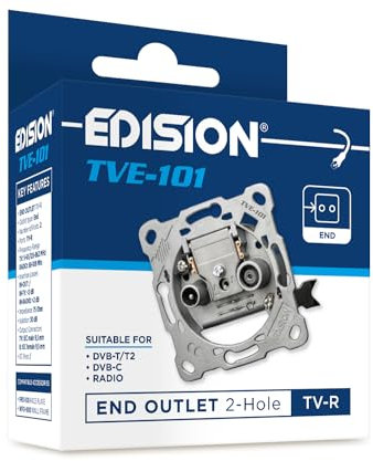 EDISION Antenna Socket Universal TVE-101, End Socket Stich TV-R Flush-Mounted 2-Hole Suitable for Terrestrial DVB-T/T2, Cable DVB-C, Radio, FM, DAB+, 2 Outputs