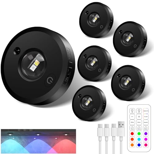 RUYI Lot de 6 spots Spot Sans Fil avec Telecommande,1200mAh Rechargeable RGB Lampe a Pile,Magnétique Dimmable Led Cuisine Sous Meuble avec Fonction de Synchronisation pour Armoires,Penderies,Vitrines