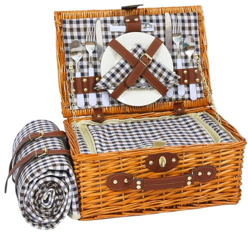 HYBDAMAI Picknickkorb Set für 2 Person mit Kühlfach und wasserdichte Picknickdecke, Abnehmbarer Riemen, Weinbeutel, Besteck Set, für Camping, Strand, Wandern, BBQ und Familie/Paare Geschenke, Zubehör