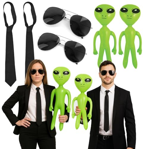 Couples Secret Agent Halloween Costume Accessory Set with 2 Black Ties, 2 Aviator Glasses and 2 Inflatable Aliens – Funny Fancy Dress Outfit for Adults