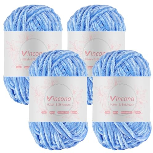 Vincona Lana de chenilla lanas para crochet，4 x 100g hilos para crochet Suave y cómoda, ideal para tejer suéteres, calcetines, bufandas, bolsos, mantas, cojines, muñecas Azul claro