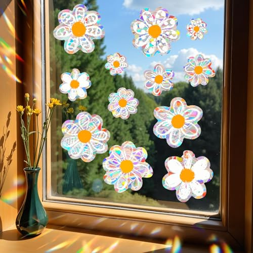 XLIUAX 12 Pcs Daisy Suncatchers Window Stickers, Anti Collision Flowers Window Clings Shiny Rainbow Prism for Bird Strikes Reusable Glass Decals for Mirror Display Shop Office Supplies