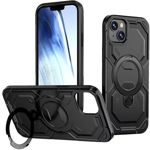 PONRFEKT Fodral för iPhone 13/14 Stöttåligt Armor Skal med 360°Magnetisk Ringhållare,för iPhone 13/14 kompatibelt med MagSafe,militärskydd robust fodral-Svart