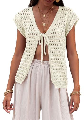 Saodimallsu Cárdigan de verano para mujer, cuello de pico, sexy, boho, manga corta, con frente abierto, crochet ligero, para playa, bikini, cárdigan corto