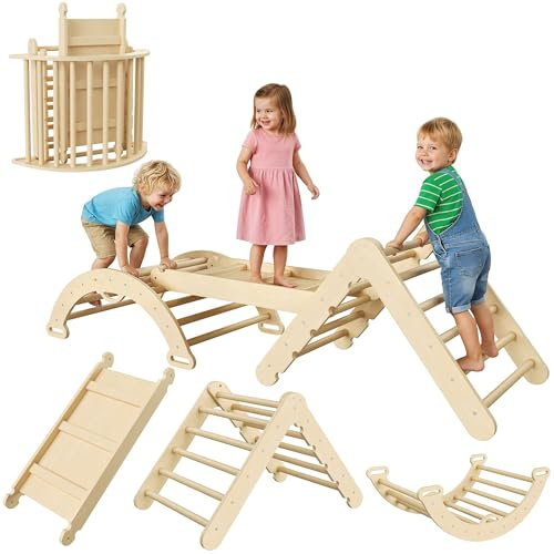 TUFSPRAX Ensemble Triangle De Motricité Montessori Pliable avec Arche Et Rampe, Structure d'escalade en Bois pour Développement De l'Équilibre en Intérieur, pour Enfants De 1 à 5 Ans
