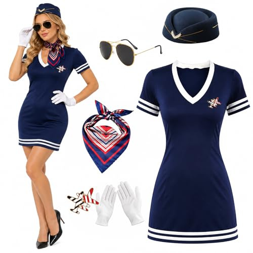 PANMAY 6 stycken flygvärdinnekostym set Stewardess kostym tillbehör med flygvärdinneklänning stewardess hatt halsduk solglasögon flygplan brosch handskar för halloween cosplay karneval