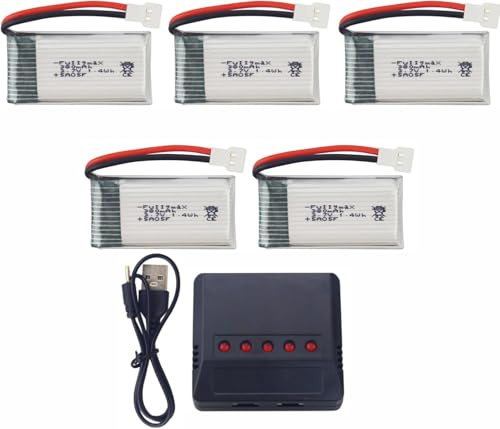 YUNIQUE GREEN-CLEAN-POWER - Kit 5 en 1 Chargeur Adaptateur + 5X Batteries au Lithium 3.7V 380mAh 25C | pour Hubsan X4, Tera Mini Quadricoptères | Temps de Vol Prolongés, Argent | 38X20X7,5 mm - 10 GR