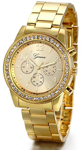 JewelryWe Mens Dress Watch, Stainless Steel Bling Rhinestones Accented Quartz Wrist Watches - Gold