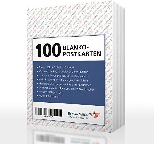 Edition Colibri Caja 100 postales en blanco para diseñar e imprimir juego de postales con 100 tarjetas en blanco, 250 g de papel/en una caja práctica, adecuada para impresoras
