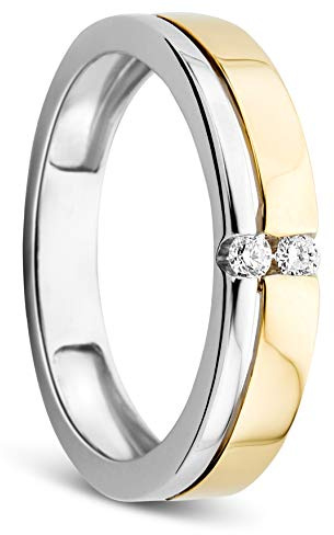 Orovi - Anello da donna bicolore in oro giallo e bianco con diamante da 0,06kt, fede nuziale in oro 14kt (585) e diamanti brillanti