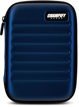 Champify® Darttasche blau mit Haltesystem | kein Verrutschen der Dartpfeile | Hard-Case zum Schutz für 6 Steeldarts oder Softdarts & vielen Taschen für Dart Flights & weiteres Darts Zubehör