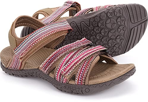 WHITIN Women's Hiking Sandals with Arch Support Size 9 Cushioned Beach Sandals Summer Waterproof Resistant Outdoor Flat Soft Woven BrownRed 39