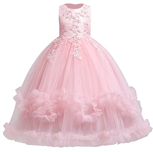 Flower Girls Lace Embroidery Wedding Bridesmaid Princess Pageant Dress Kids Junior First Communion Birthday Party Maxi Long Dresses Big Girl Formal Evening Dance Prom Ball Gowns Pink 9-10 Years