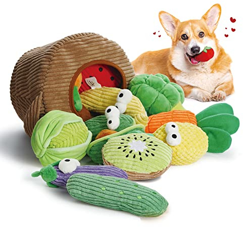 Nocciola Squeaky Fruits Veggies Stuffed Dog Toys Pack- Hide Seek Grocery Basket Crinkle Plush Puppy Toys to Keep Busy, Birthday Pet Supplies Gifts for Small Medium Breeds