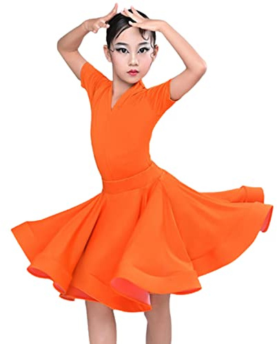 OTMYIGO 2022 Vestidos de niñas para Manga Vestido de Baile Latino Spandex salón de Baile competición Fiesta Puesta en Escena Trajes de práctica,Naranja,130CM