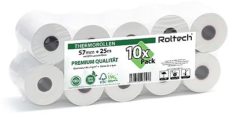 ROLTECH | 10 Thermorollen | 57mm x 25m x 12mm | mit SEPA-Lastschrifttext | BPA frei | EC Cash | Kassenrollen | Thermopapier | Bonrollen | Premium Qualität (10 Rollen)