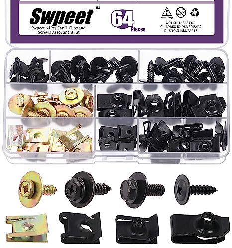 Swpeet 64Pcs Universal Metal Engine Under Cover Body Bolts Bumper Fender and Metal Trim Panel Spring Clip Auto Car U-Clip Trim Moulding Clip with Matched Screws