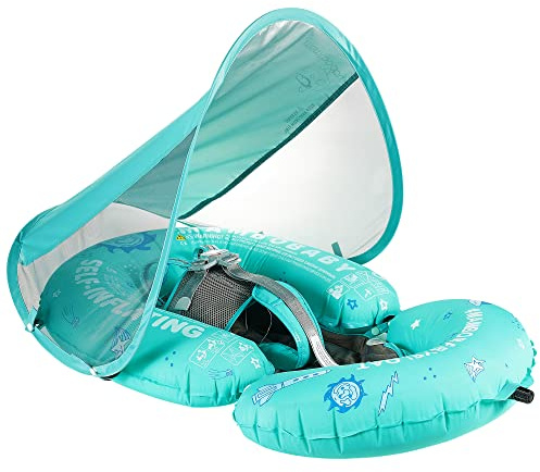 Mambobaby Float Baby Pool Float with Canopy & Tail Portable Baby Float Self-Inflating Compressible Folding Swimming Floating Bed Water Swim Float for Infant Toddler 3-24 Momths, Green