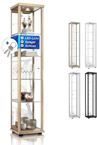 K-Möbel Vitrina de Haya (176x37x33cm) con 4 estantes de Cristal Regulables en Altura, Espejo, Cerradura, LED - Estantería para Modelos - Vitrina de Haya de coleccionista