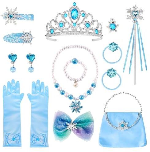 YYDSXK 15 Pezzi Accessori Principessa, Set Gioielli Bambina con Corona, Bacchetta, Collana, Orecchini, Anello, Borsetta e Fermagli per Capelli, Travestimento Ragazze, Regalo Principessa
