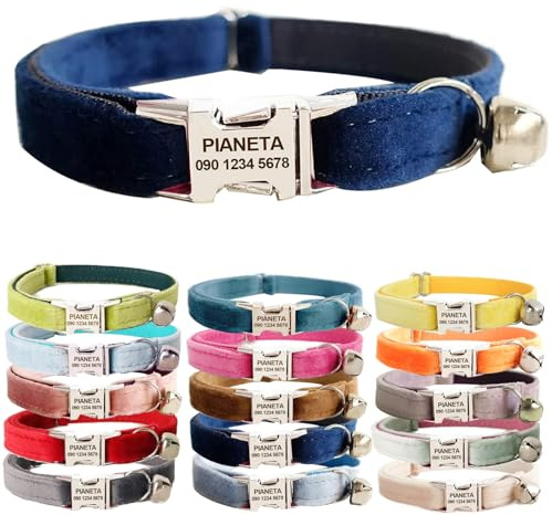 Kattkrage, personligt broderat husdjurs-ID-halsband med klocka för katt och små hundar valp kattunge – anpassad text med husdjursnamn och telefonnummer (L (20–33 cm), marinblå)