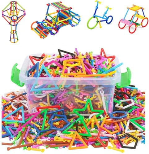 Construction Building Blocks Smart Bar Set Assembling 3D Puzzle Toys DIY Interlocking Sticks Kit Geometry Intelligent Learning Education Toys with Storage Box for Girls Boys Age 3 4 5 (300 Pcs Sticks)