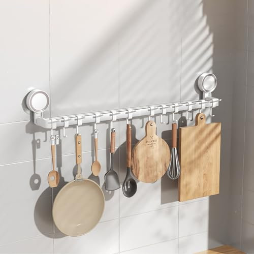 Köksredskapshållare, Köksredskapshållare Sugkopp Väggmonterad köksredskapsställ for upphängning av kastruller och kastruller Förvaring Spatel Sked Stångshängare(With 6 Hooks 30cm)