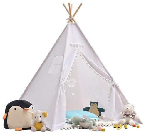 Tipi Tienda de campaña con Bola de Fieltro, 120 x 120 x 160 cm, Tienda de campaña para Lectura y Sala de Juegos, Tienda Infantil (Blanco-A)