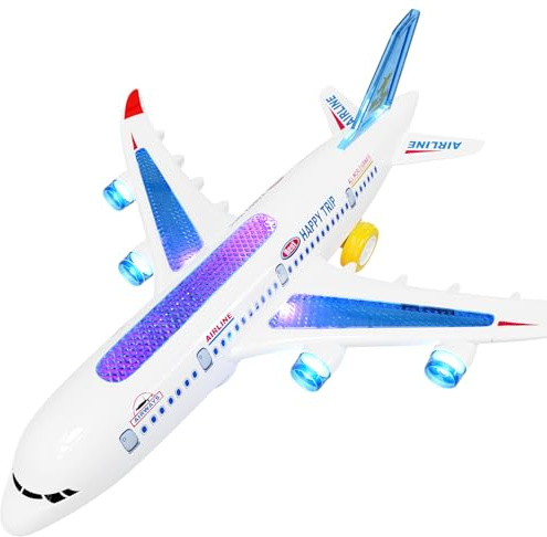 AtomDream Tech Electric Aeroplane Toy with Flashing LED Lights & Sounds, Bump and Go Airplane Toy, Durable ABS Aircraft for Kids Ages 3–8, for Boys & Girls