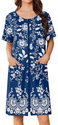 Ekouaer Bata corta con cremallera para mujer, bata de baño ligera con estampado floral, vestido de casa con bolsillos, camisón S-3XL