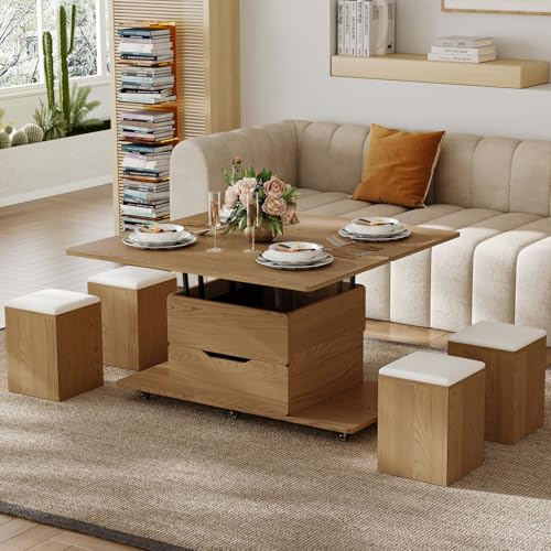 Homary Höhenverstellbarer Couchtisch mit Stauraum und 4 Hockern & Rollen – Multifunktionaler Wohnzimmertisch für kleine Räume