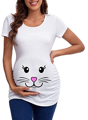 Generisch Bodypainting - Camiseta de maternidad para embarazo, manga corta, cuello redondo, conejo, gráfico, fruncido, parte superior, túnica, blusa para mujer, verano, holgada