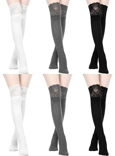 Fourluoo 6 Pairs Women's Lace Socks Lace Thigh High Socks with Trim Lolita Stocking Long over Knee Stocking for Women (White, Black, Light Gray,Classic)