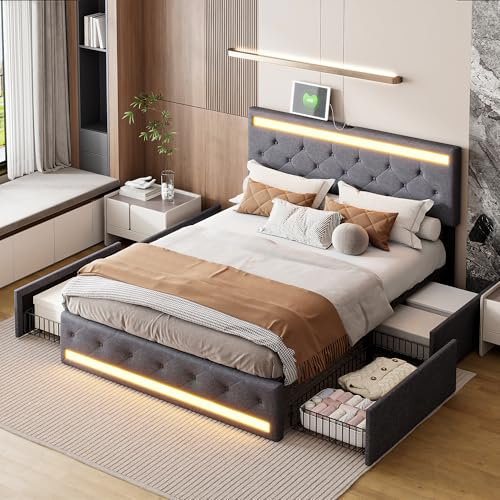 JYNVO Sängklädsel 160 x 200 cm med LED-belysning och USB-laddningsfunktion, förvaringssäng med 4 lådor, dubbelsäng med höjdjusterbar sänggavel, mörkgrå säng, linnetyg, ribbotten
