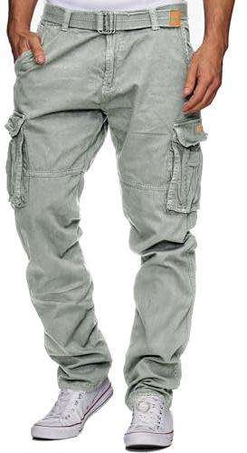 Indicode Herren William Cargohose aus Baumwolle m. 7 Taschen inkl. Gürtel | Outdoorhose Lt Grey, L