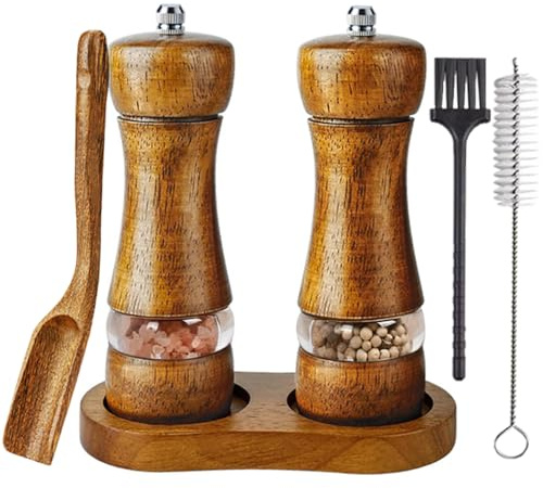 Auciej Molinillo de sal y pimienta de madera, pequeño molinillo de sal y pimienta con mecanismo de cerámica, molinillo de especias manual ajustable, juego de 2 con posavasos para pimienta, sal