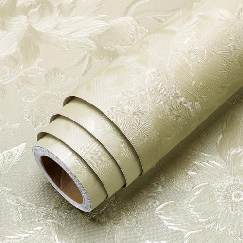 LaCheery 40cm x 700cm Carta da Parati Floreale Peonie Vintage Adesiva Carta da Parati Beige Camera da Letto Vinile Pellicola Adesiva per Mobili Color Crema Impermeabile Adesivi Parete per Cucina Bagno