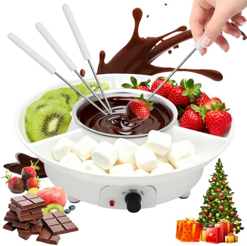 DASIAUTOEM Set per fonduta di cioccolato, in ceramica, per fonduta di cioccolato, con 4 forchette, fonduta di cioccolato, riscaldata con un lumino per caramelle, burro, formaggio (bianco)