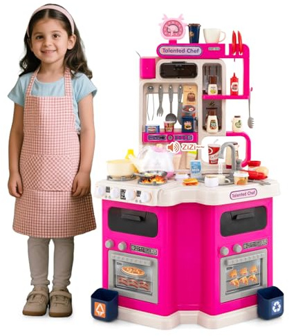 HOMASIS Spielküche mit 75 Zubehör, Kinderküche mit Licht, Sound & Dampf, Spielzeugküche mit Wasserpumpe Spüle Herd Mikrowelle Ofen, Eckküche Puppenküche für Kinder ab 3 Jahren (Rosa)