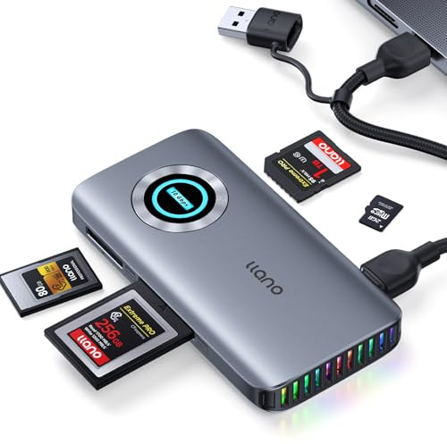 llano Lector de Tarjetas CFexpress Tipo A/B, USB 3.2 Gen 2 (10 Gbps), 4 en 1 UHS-II SD4.0 y Micro SD/TF4.0 con RGB. Lector de Tarjetas de Memoria para Windows, macOS, Linux, iOS, iPadOS y Android