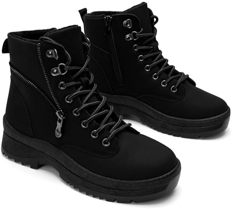 GLAMORA Botas de Nieve para Mujer, Botines de Invierno Estilo Montaña, Antideslizantes, Resistentes al Agua, con Pelo, Cremallera Lateral y Cordones