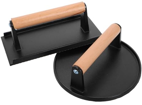 ELAYARD Presse à Hamburger en Fonte avec Poignée en Bois Ergonomique Lot de 2 Plaques sans Revêtement Presse à Galettes Polyvalente pour Steaks Barbecue et Cuisson Extérieure