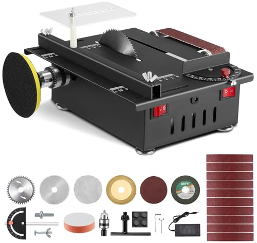 Mini sega circolare da tavolo e levigatrice a nastro, sega circolare Minii con angolo di taglio regolabile da 0 a 90°, mini banco elettrico con 4 lame, lama per sega da 30 mm per artigianato e il