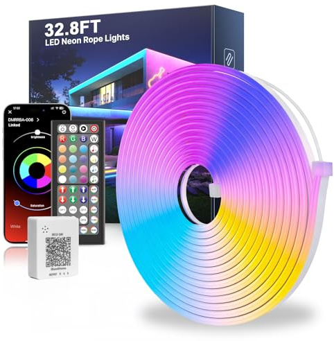 Mexllex LED Neon Rope Lights 10M, Flexible RGB LED Strip with App & Remote Control, Music Sync Colour Changing Waterproof Lighting for Bedroom, Gaming & Home Decor