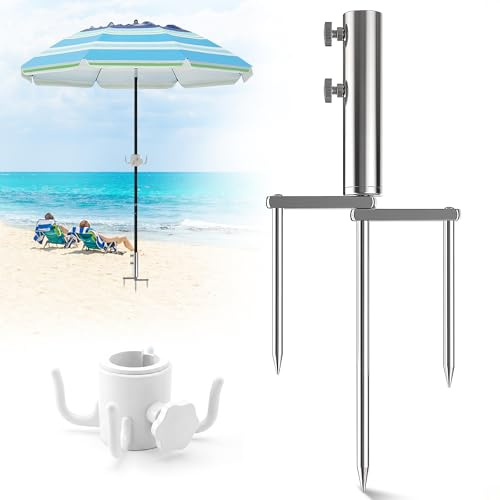 COZCLAM Soporte para sombrilla con espiga de césped, sombrilla de acero inoxidable, soporte extraíble para sombrilla con anclaje al suelo de 3 puntas, soporte para sombrilla para jardín, playa, césped