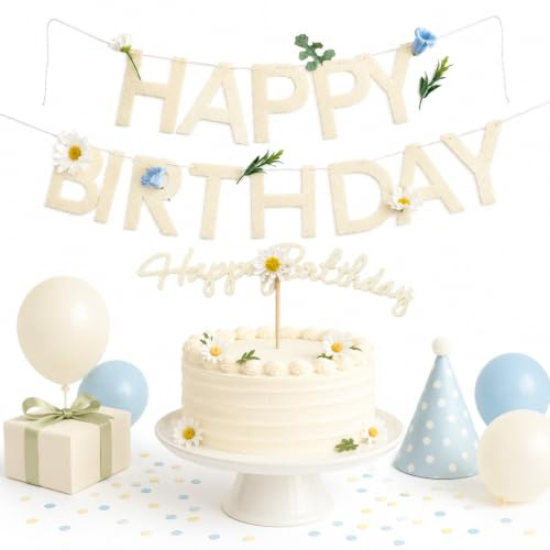 RhiVrillion Banderole Happy Birthday en Feutre Blanc avec Fleurs + Topper Gâteau assorti, Guirlande Anniversaire à Enfiler Soi-même, Décoration Anniversaire et Fête, Happy Birthday Decoration