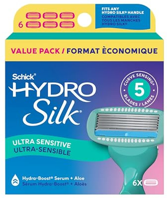 Schick Hydro Silk Sensitive Razor Blade Refills, 6 Count | 5-Blade Sensitive Skin Razors for Women | Womens Razor Refills for Sensitive Skin