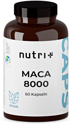 Nutri + Maca Kapseln Gold 8000 - hochdosiert + vegan - Original 20:1 Premium Extrakt (Root Powder) - 60 Maca Caps - laborgeprüft für Männer & Frauen